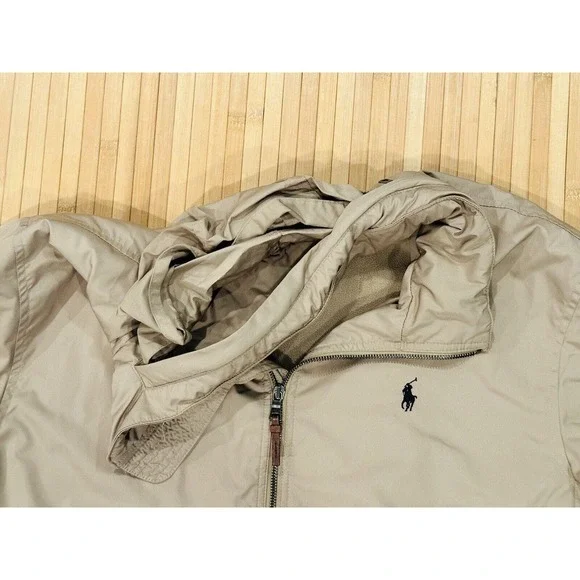 Polo Ralph Lauren Jacket Coat Men’s Size XL XLarge Beige Hidden Hood Zip Pockets